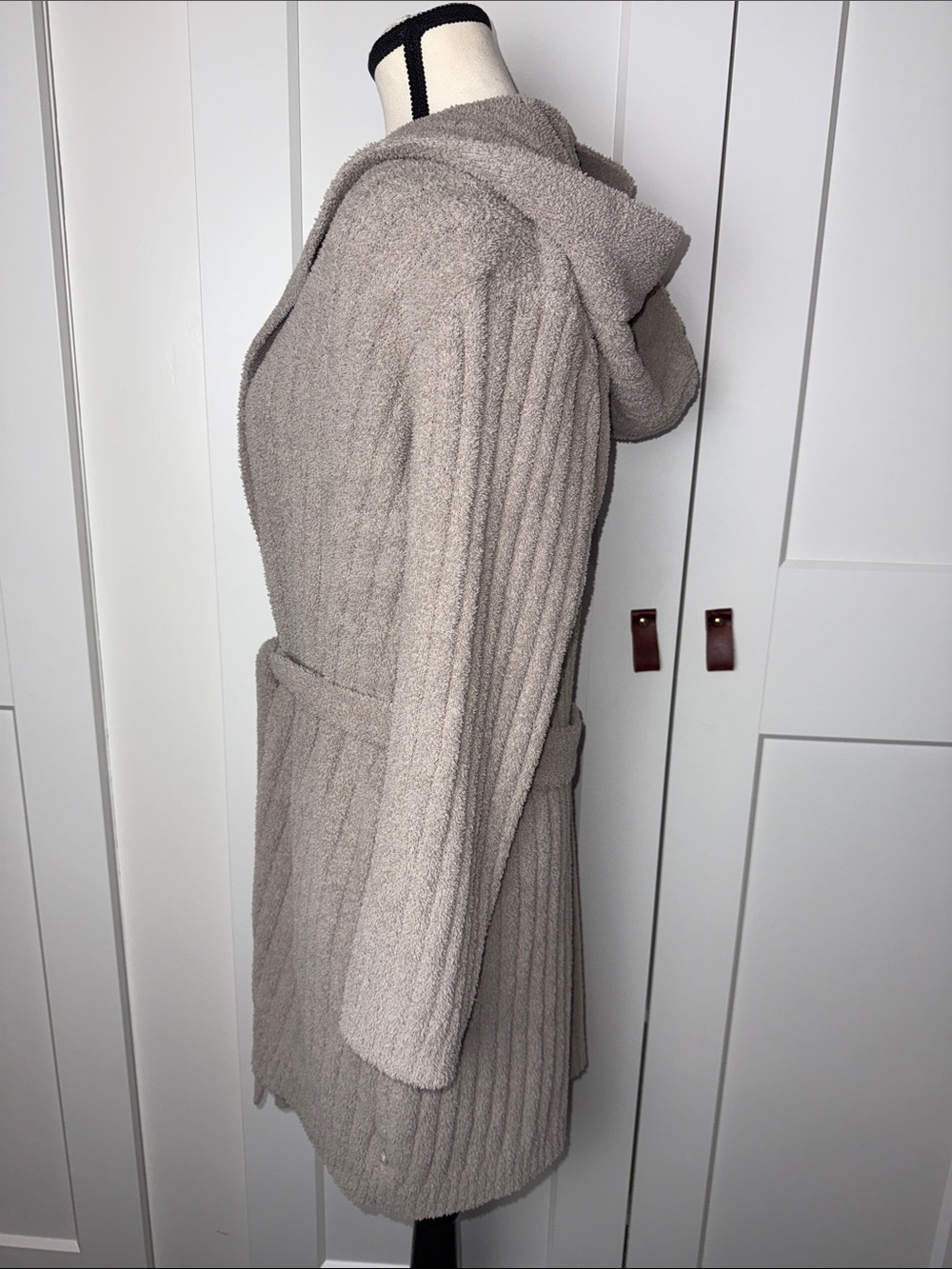 UGG super soft teddy plush mid length robe bathrobe hooded ribbed XL taupe - Picture 2 of 11
